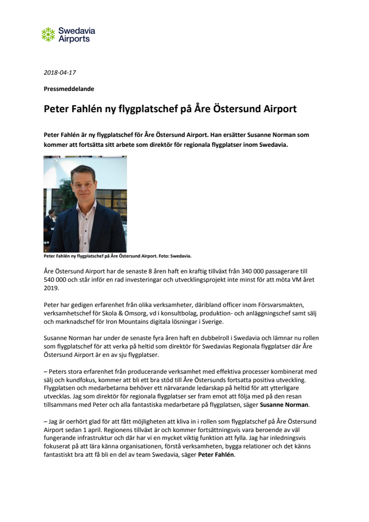 Peter Fahlén ny flygplatschef på Åre Östersund Airport