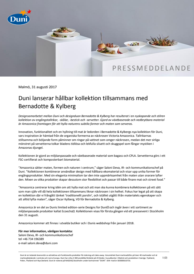 Duni lanserar hållbar kollektion tillsammans med Bernadotte & Kylberg
