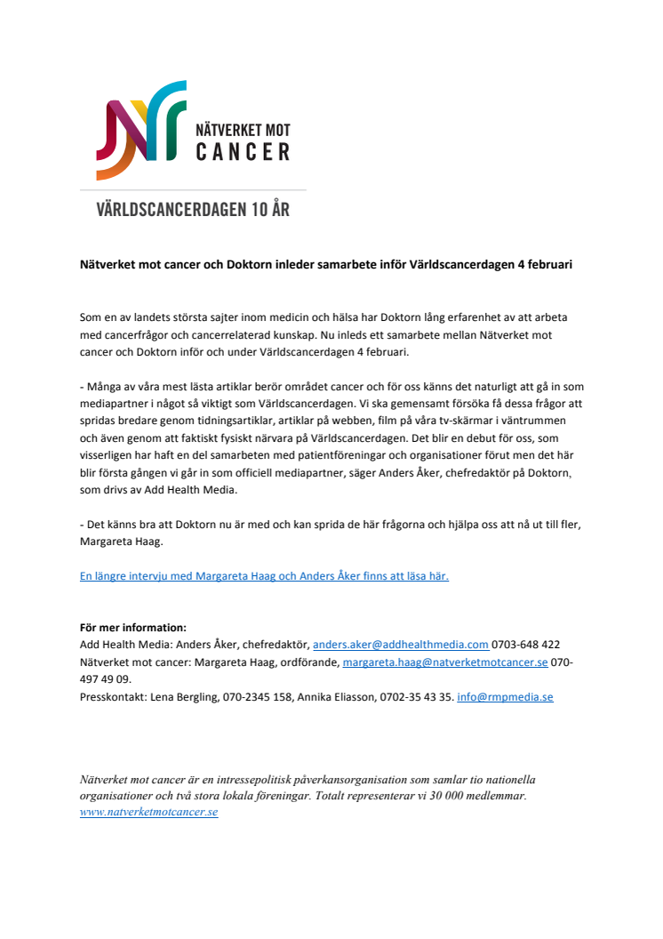 Nätverket mot cancer och Doktorn inleder samarbete inför Världscancerdagen 4 februari