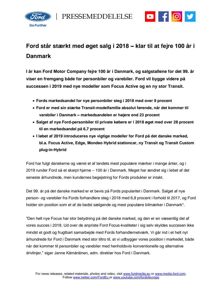 Ford står stærkt med øget salg i 2018 – klar til at fejre 100 år i Danmark