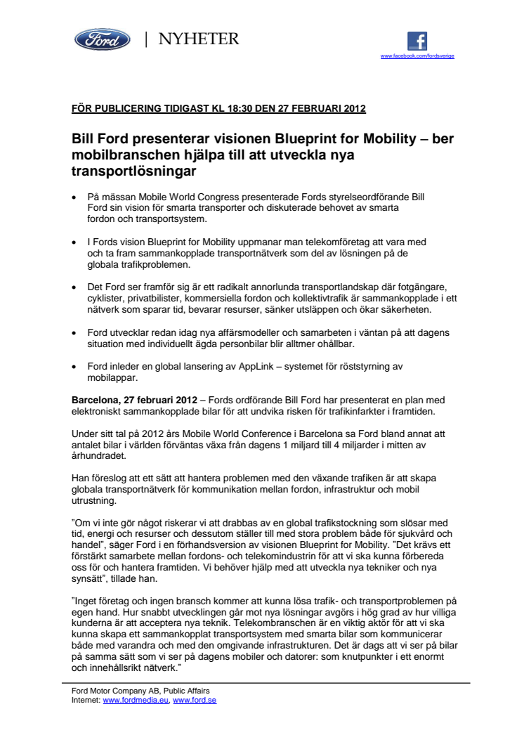 Bill Ford presenterar visionen Blueprint for Mobility – ber  mobilbranschen hjälpa till att utveckla nya transportlösningar 