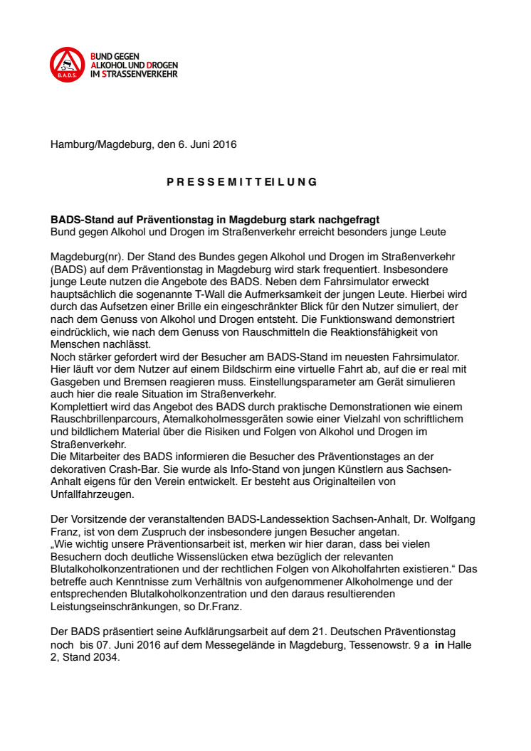 BADS-Stand auf Präventionstag in Magdeburg stark nachgefragt