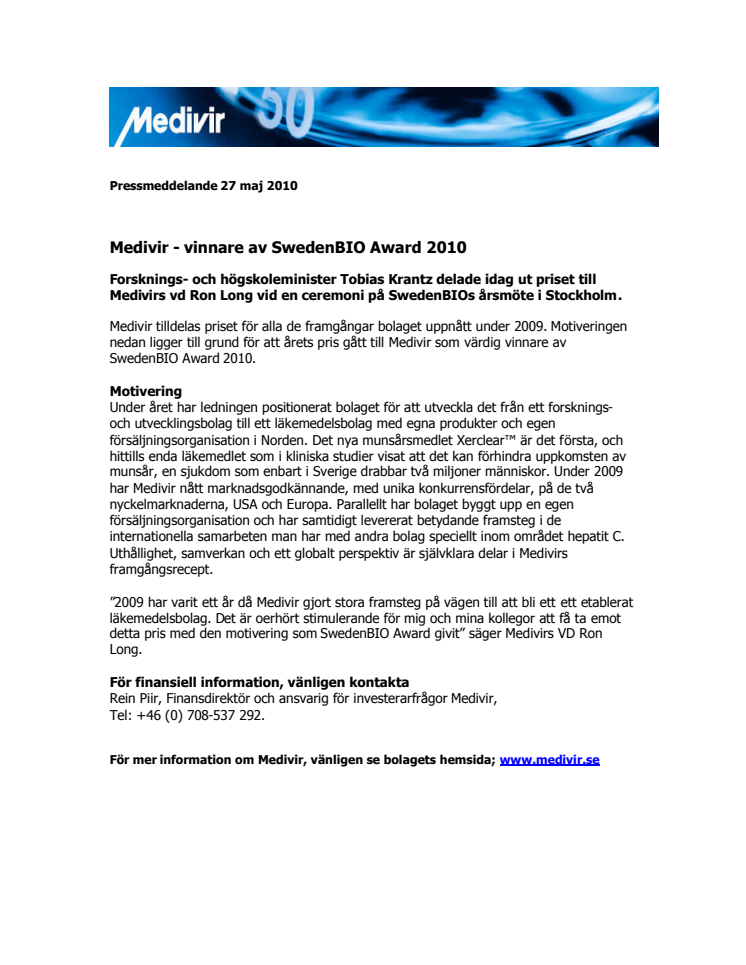 Medivir - Vinnare av Sweden BIO Award 2010