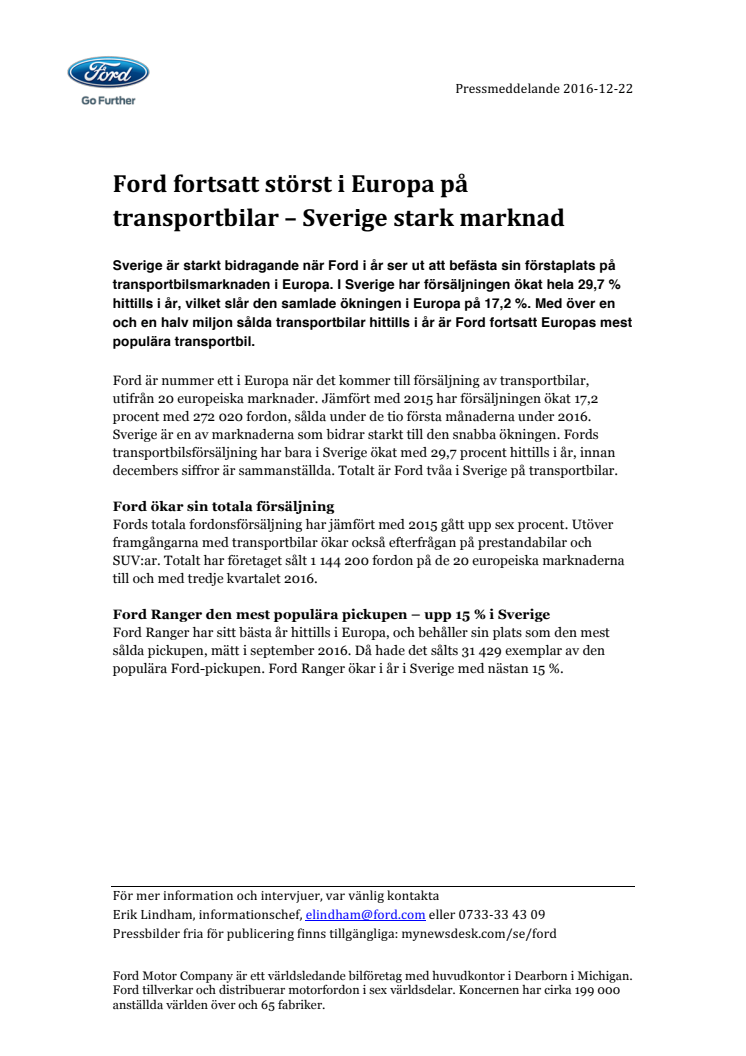 Ford fortsatt störst i Europa på transportbilar – Sverige stark marknad