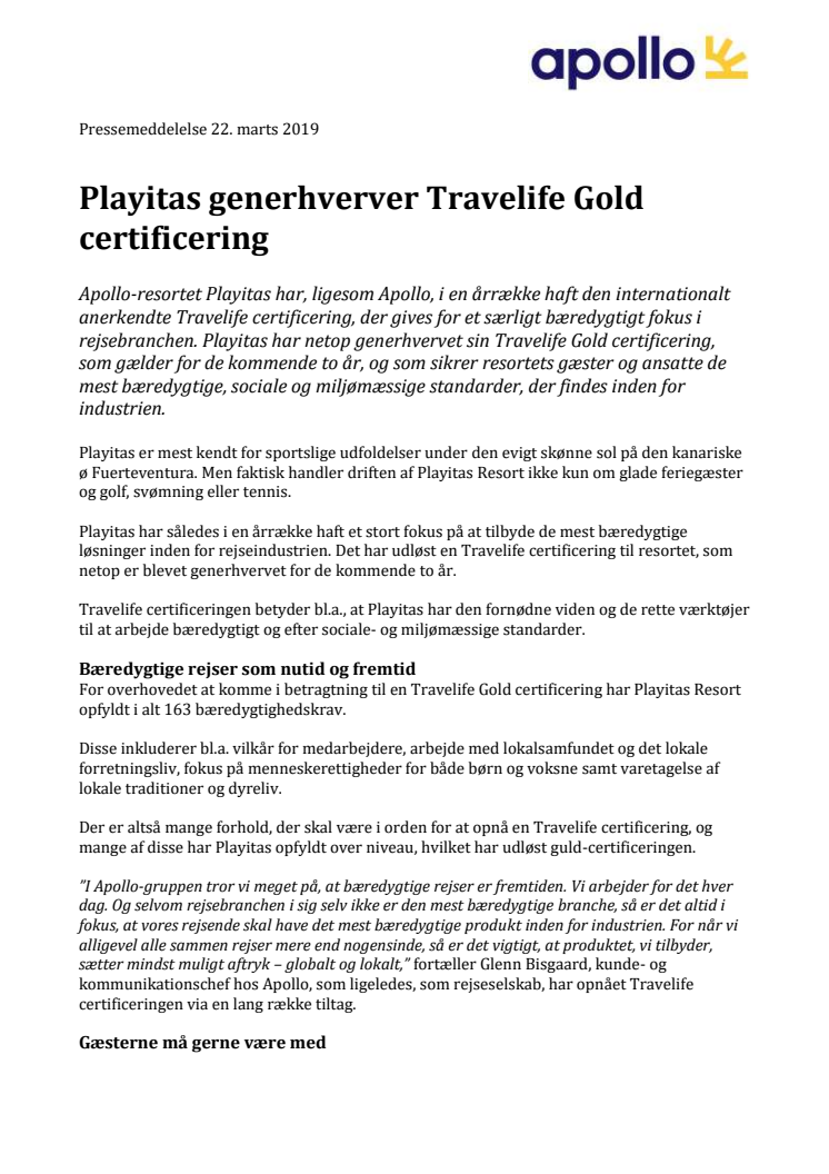 Playitas generhverver Travelife Gold certificering