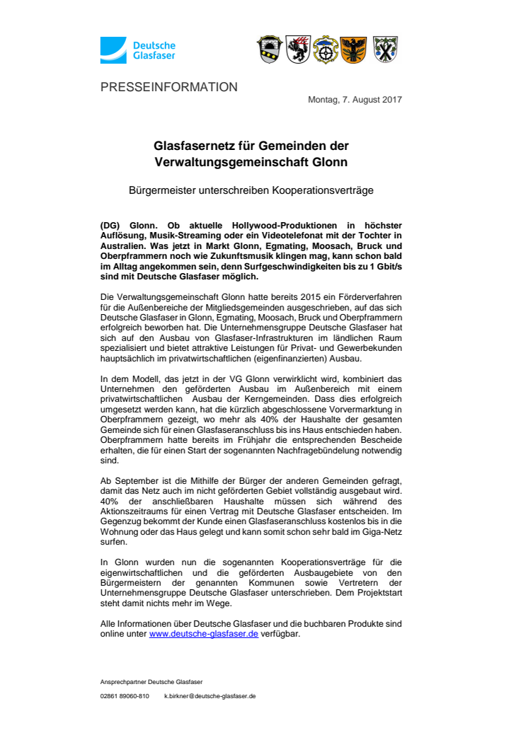 Glasfasernetz für Gemeinden der Verwaltungsgemeinschaft Glonn:  Bürgermeister unterschreiben Kooperationsverträge