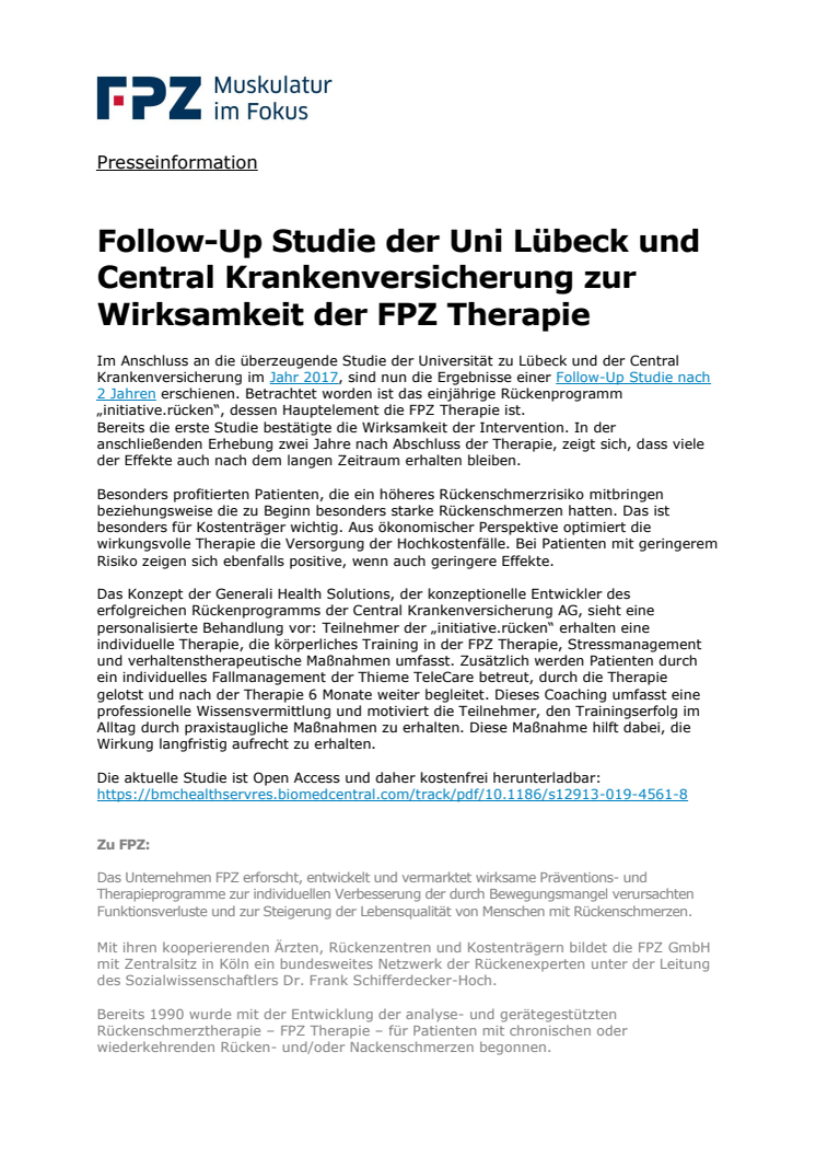 Follow-Up Studie der Uni Lübeck und Central Krankenversicherung zur Wirksamkeit der FPZ Therapie