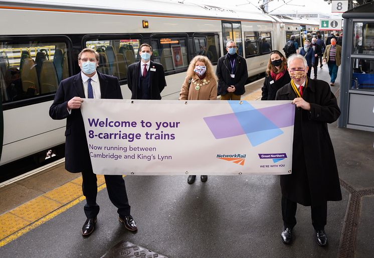 Celebrating the new 8-carriage Fen Line service at Cambridge Station, 11 Dec 2020