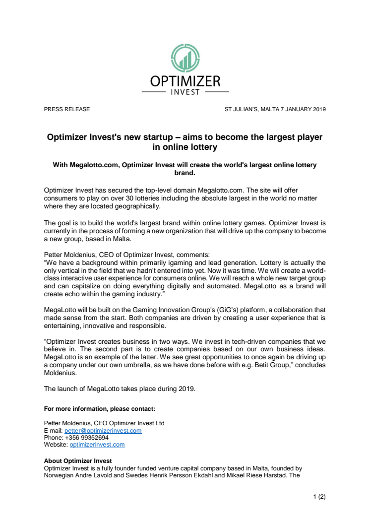 Optimizer Invest's new startup – aims to become the largest player in online lottery
