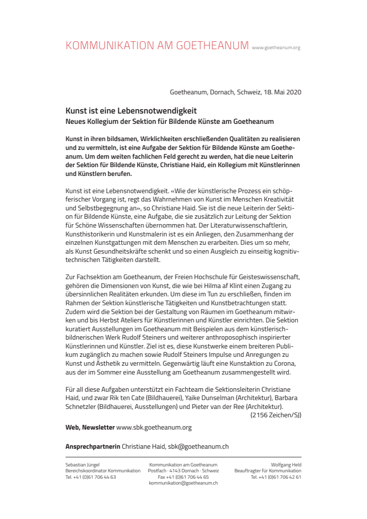Neues Kollegium der Sektion für Bildende Künste am Goetheanum: Kunst ist eine Lebensnotwendigkeit