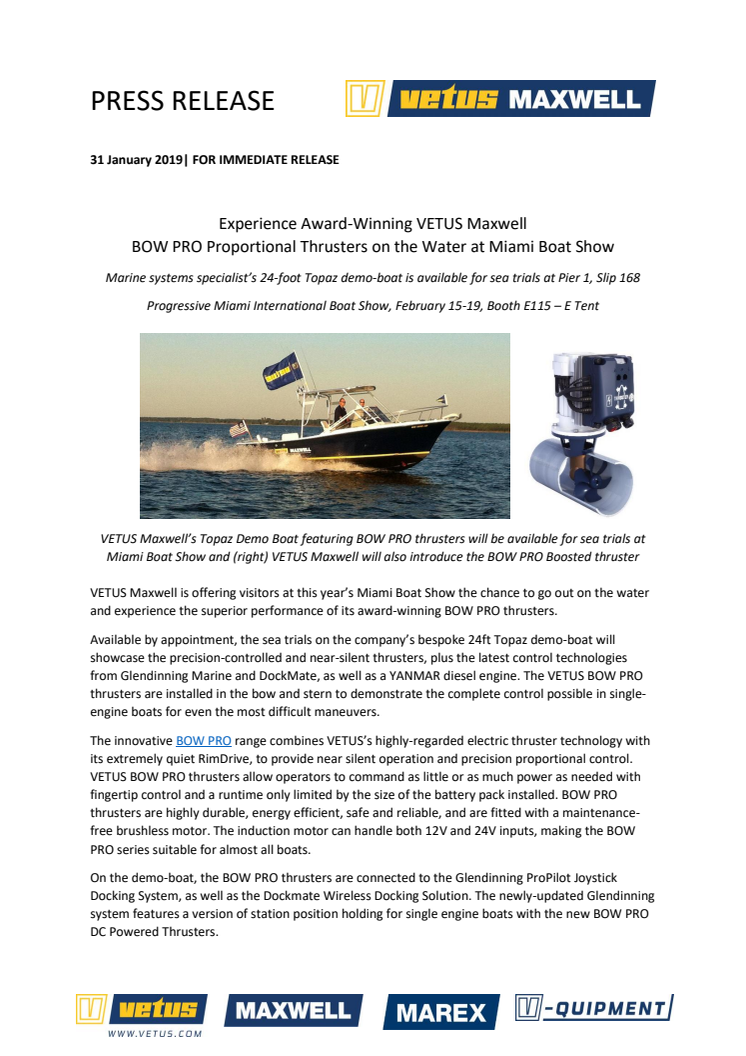 VETUS Maxwell - Miami International Boat Show: Experience Award-Winning VETUS Maxwell BOW PRO Proportional Thrusters on the Water at Miami Boat Show