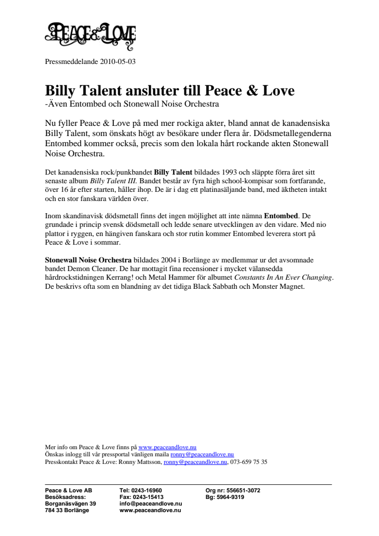 Billy Talent ansluter till Peace & Love - även Entombed och Stonewall Noise Orchestra