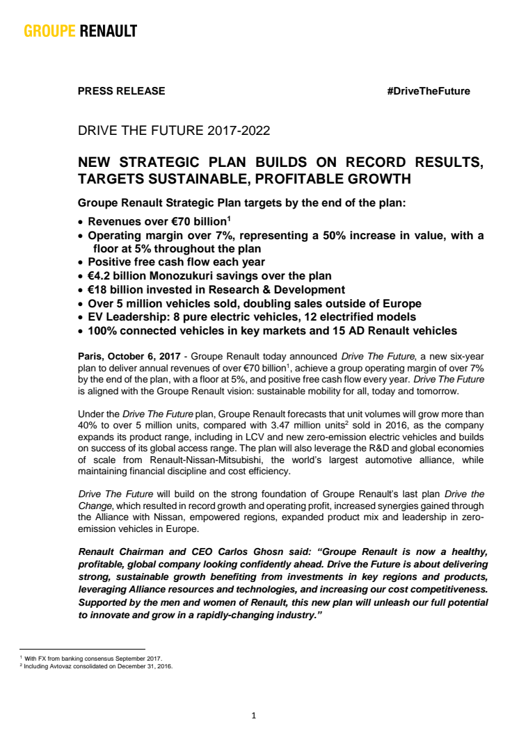 Renault presenterar ny strategisk framtidsplan: ”Drive the Future 2017-2022”