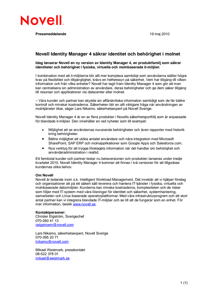 Novell Identity Manager 4 säkrar identitet och behörighet i molnet 
