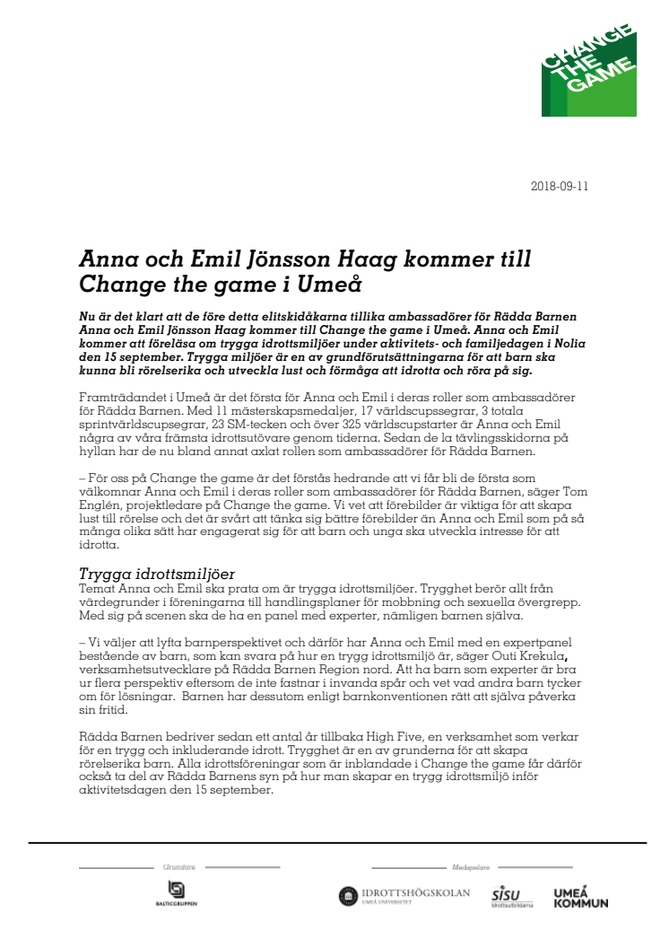 Anna och Emil Jönsson Haag kommer till Change the game i Umeå
