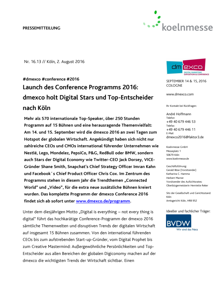 Launch des Conference Programms 2016: dmexco holt Digital Stars und Top-Entscheider nach Köln