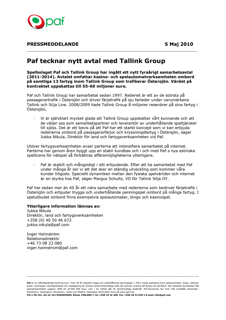 Paf tecknar nytt avtal med Tallink Group