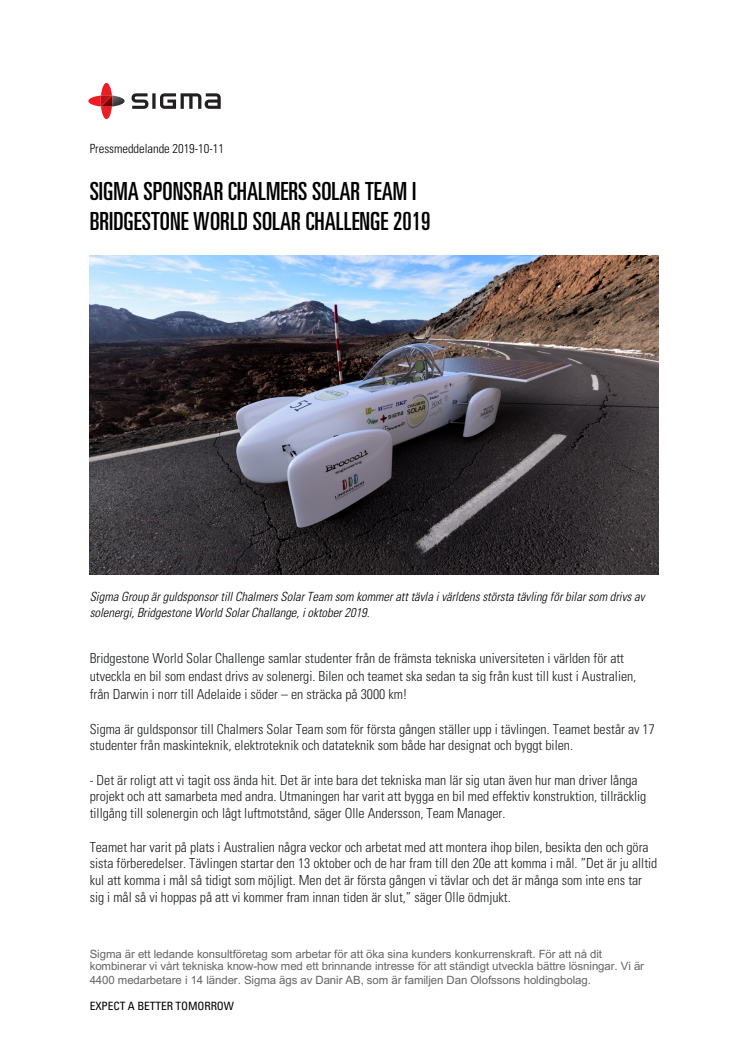 Sigma Sponsrar Chalmers Solar Team i Bridgestone World Solar Challenge 2019