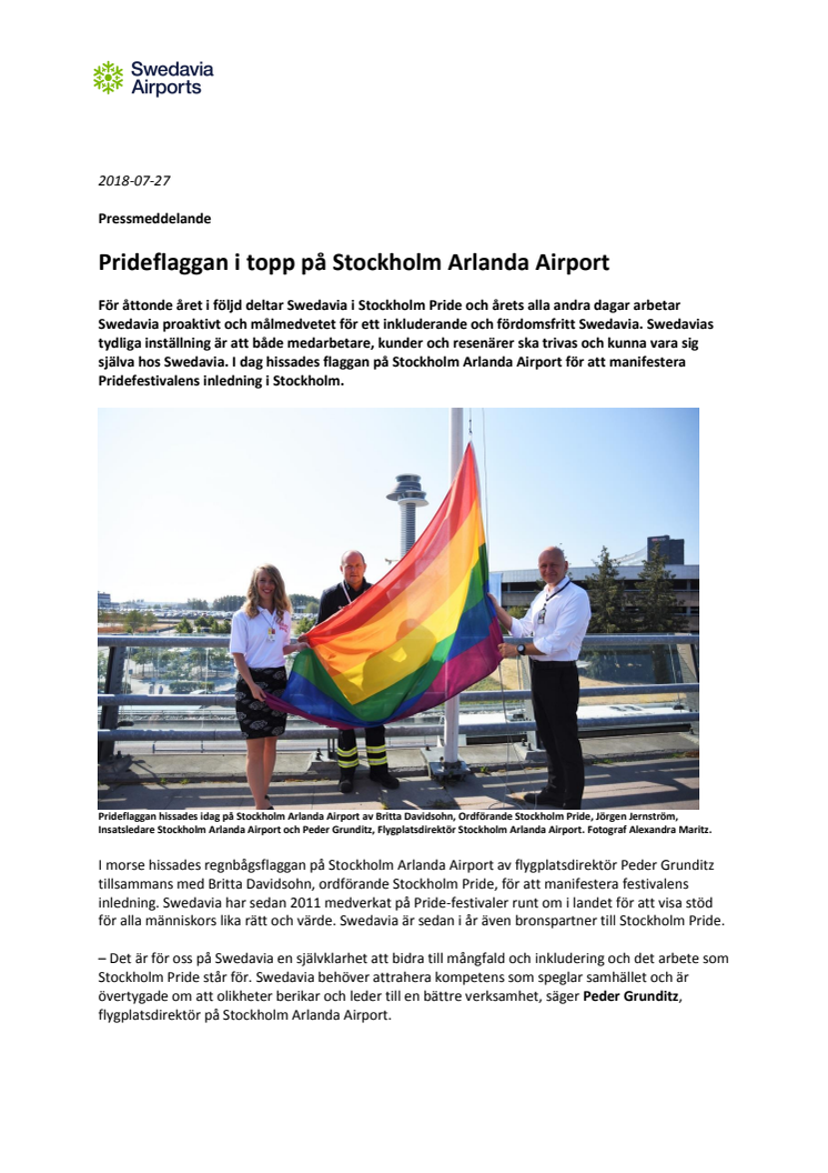 Prideflaggan i topp på Stockholm Arlanda Airport