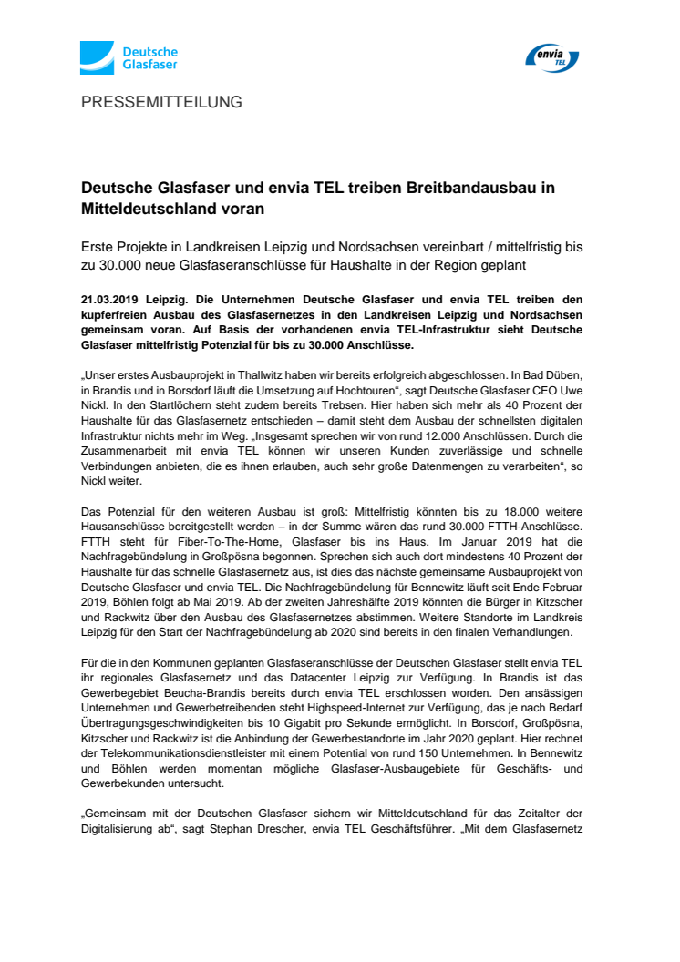 Deutsche Glasfaser und envia TEL treiben Breitbandausbau in Mitteldeutschland voran