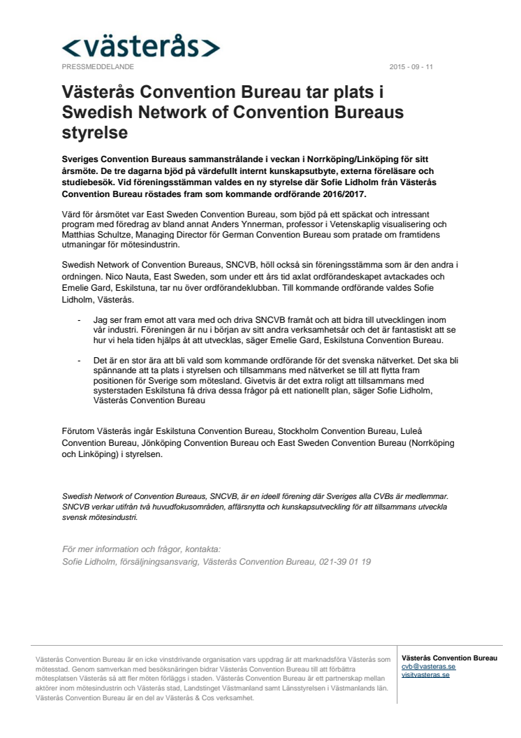 Västerås Convention Bureau tar plats i Swedish Network of Convention Bureaus styrelse