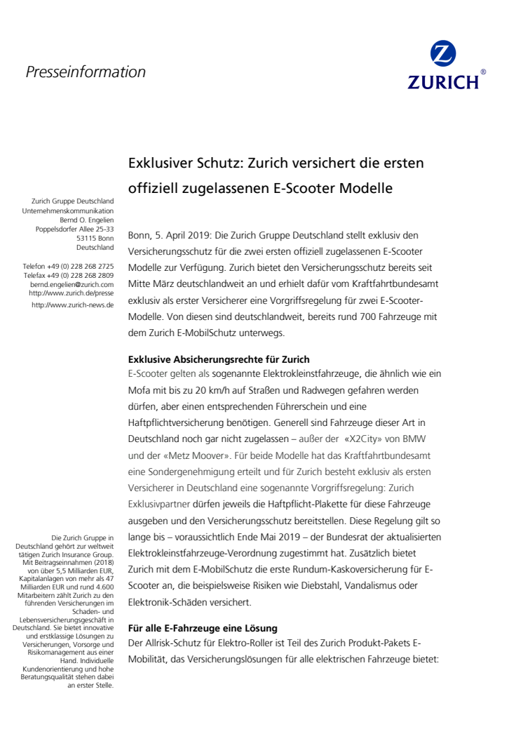 Exklusiver Schutz: Zurich versichert die ersten offiziell zugelassenen E-Scooter Modelle