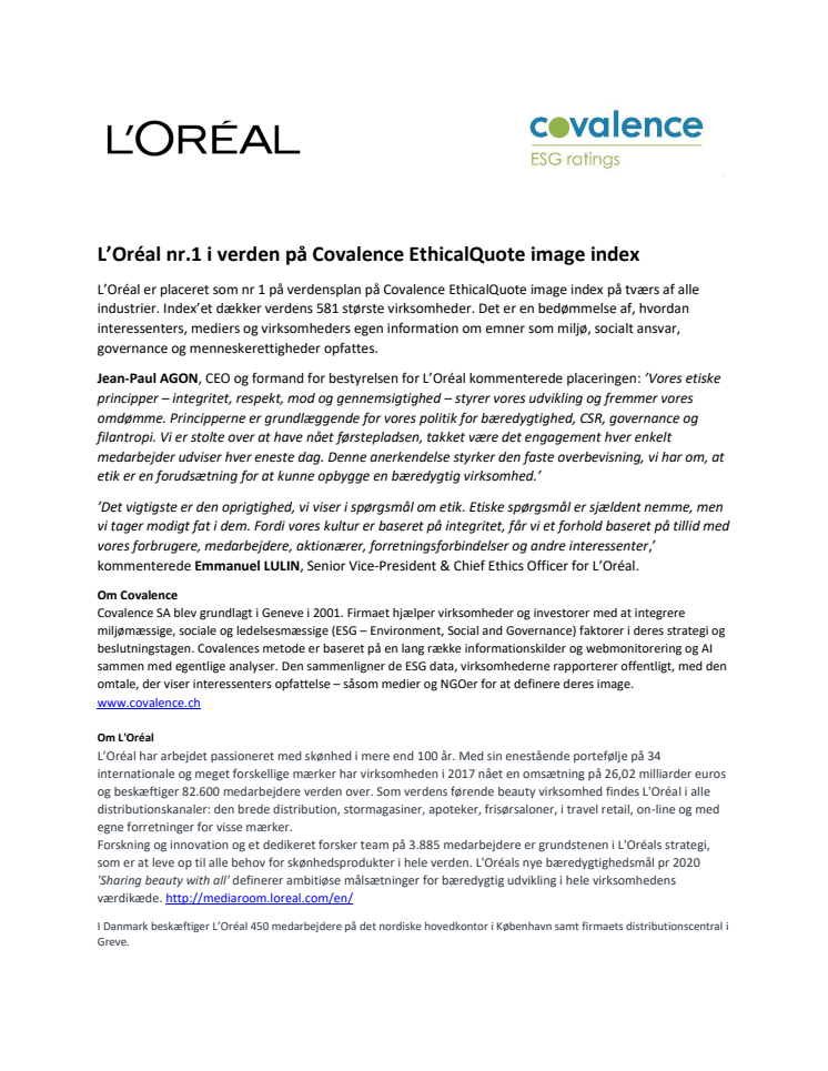 Fokus på etik: L’Oréal nr 1 i verden på Covalence EthicalQuote image index