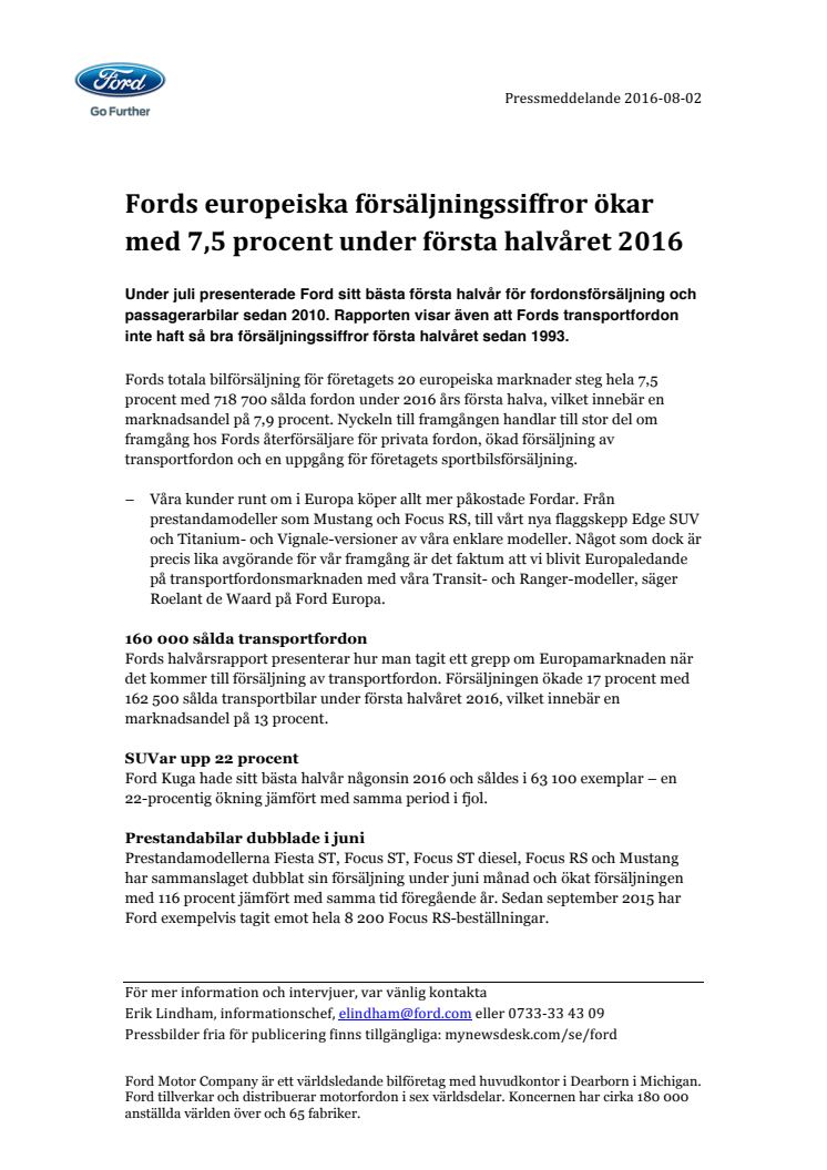Fords europeiska försäljningssiffror ökar med 7,5 procent under första halvåret 2016