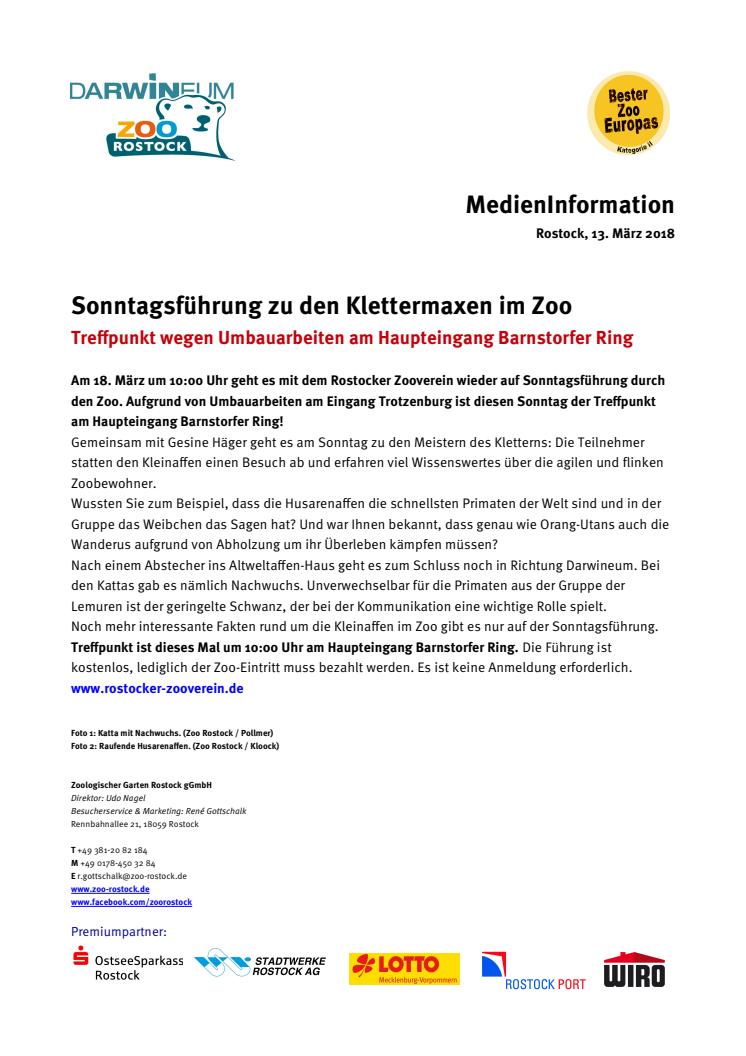 Sonntagsführung zu den Klettermaxen im Zoo - Treffpunkt wegen Umbauarbeiten am Haupteingang Barnstorfer Ring