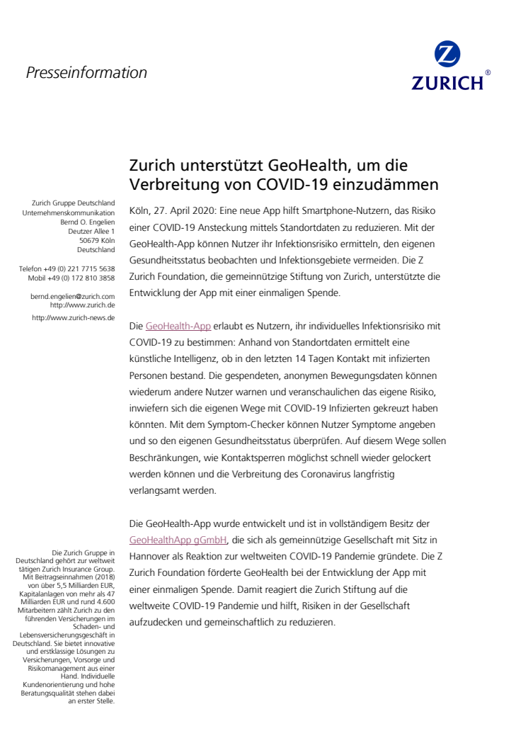 Zurich unterstützt GeoHealth, um die Verbreitung von COVID-19 einzudämmen 