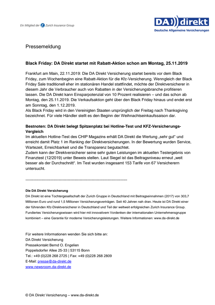 Black Friday: DA Direkt startet mit Rabatt-Aktion schon am Montag, 25.11.2019 