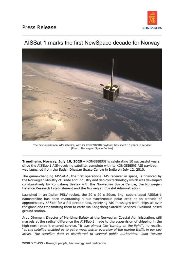 AISSat-1 marks the first NewSpace decade for Norway