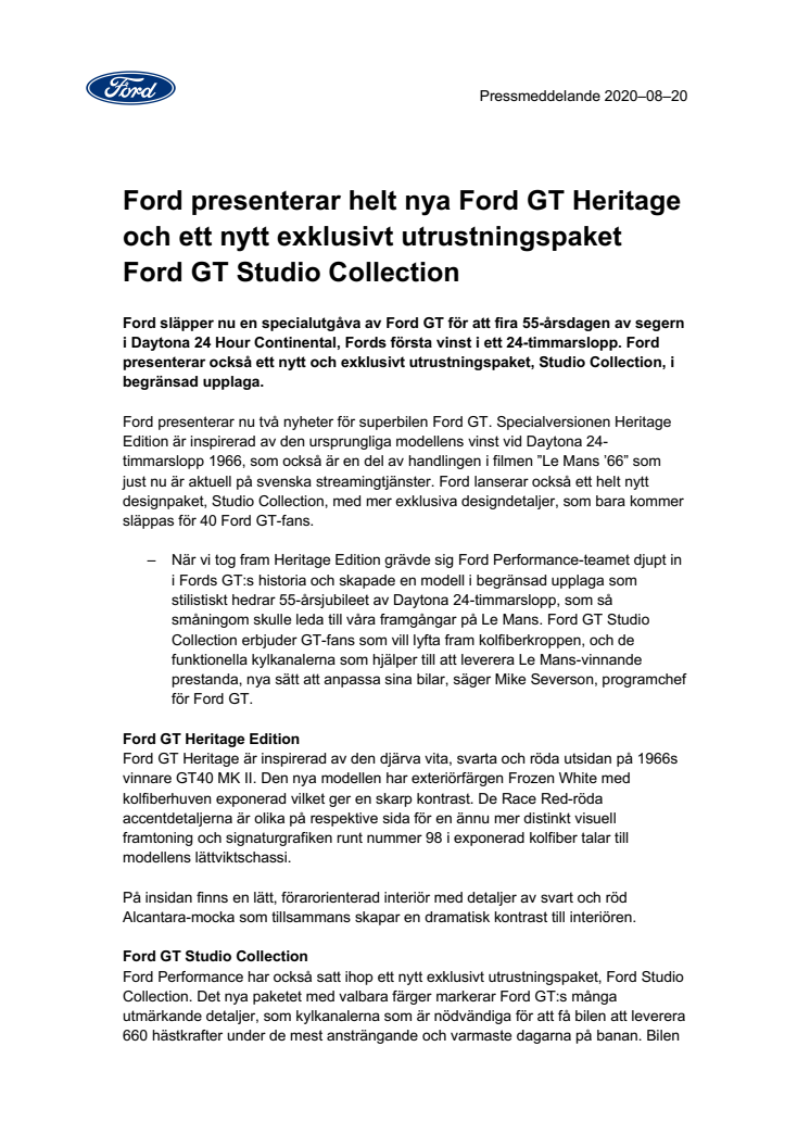 Ford presenterar helt nya Ford GT Heritage och ett nytt exklusivt utrustningspaket Ford GT Studio Collection 