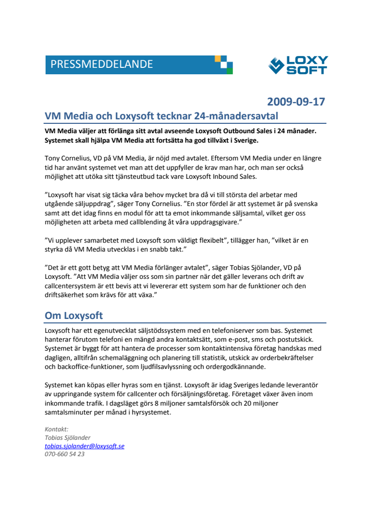 VM Media och Loxysoft tecknar 24-månadersavtal