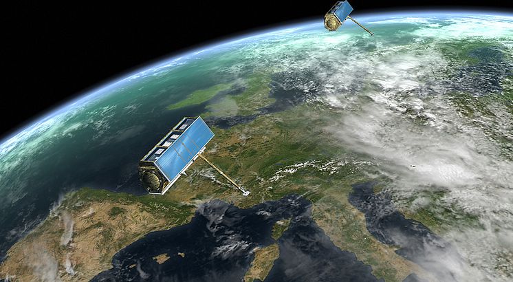 TerraSAR-X and TanDEM-X satellites in formation flight over Europe