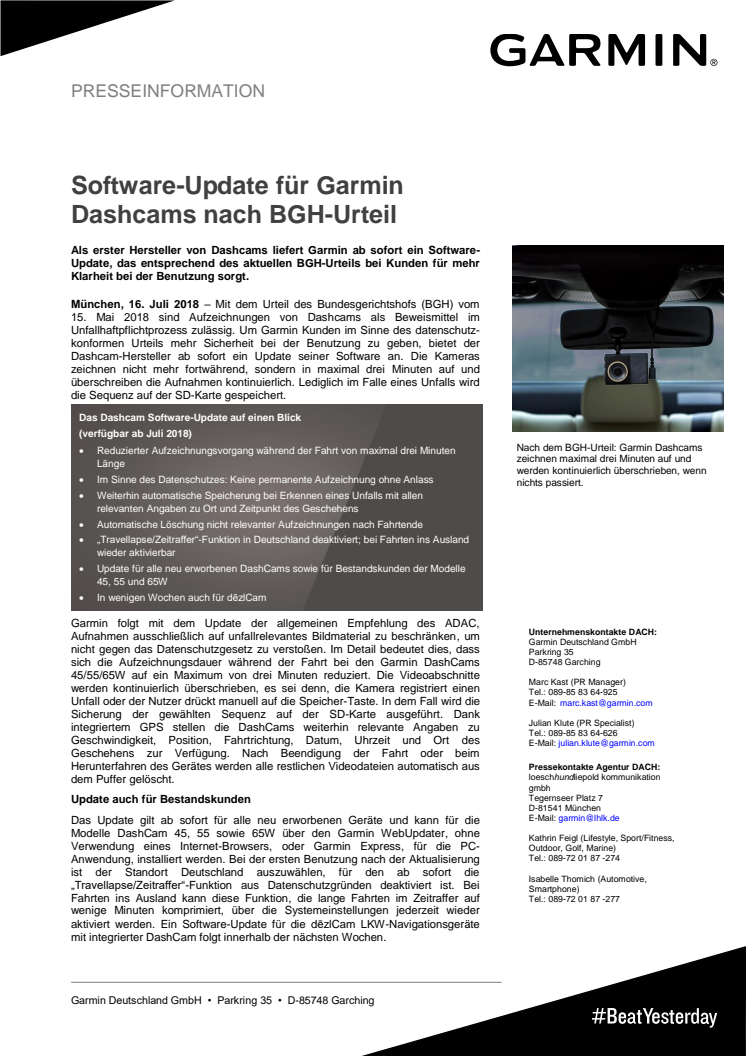 Software-Update für Garmin Dashcams nach BGH-Urteil 