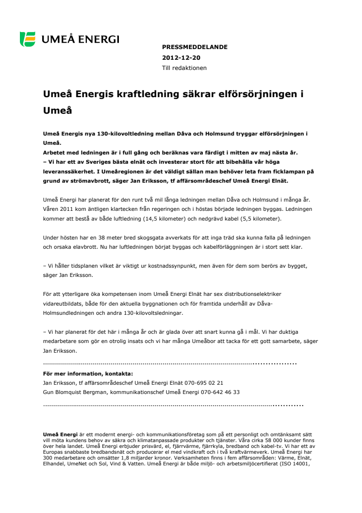 Umeå Energis kraftledning säkrar elförsörjningen i Umeå