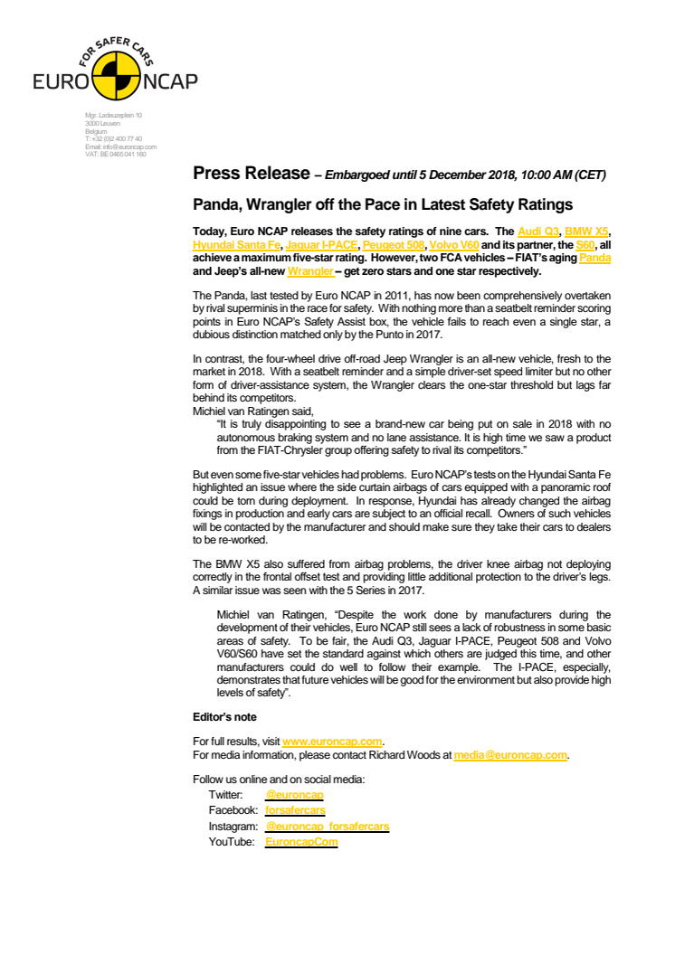 Euro NCAP press release Dec 2018