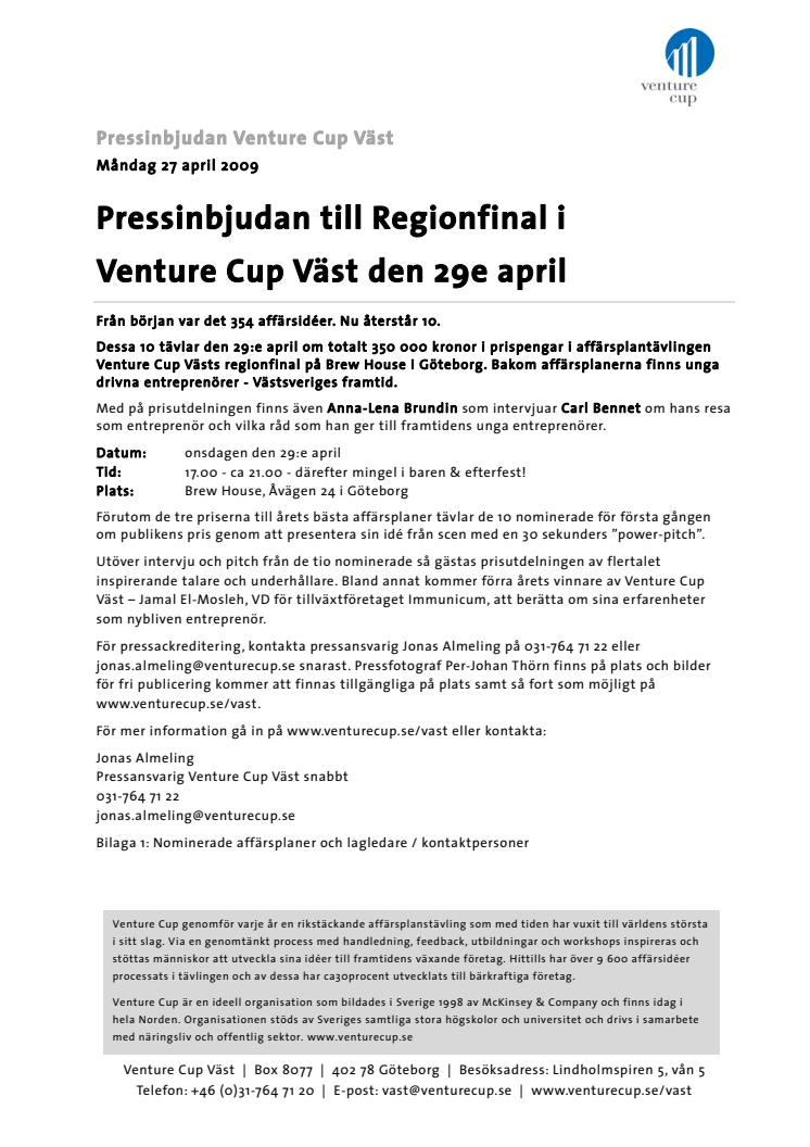Pressinbjudan till Regionfinal i Venture Cup Väst den 29e april