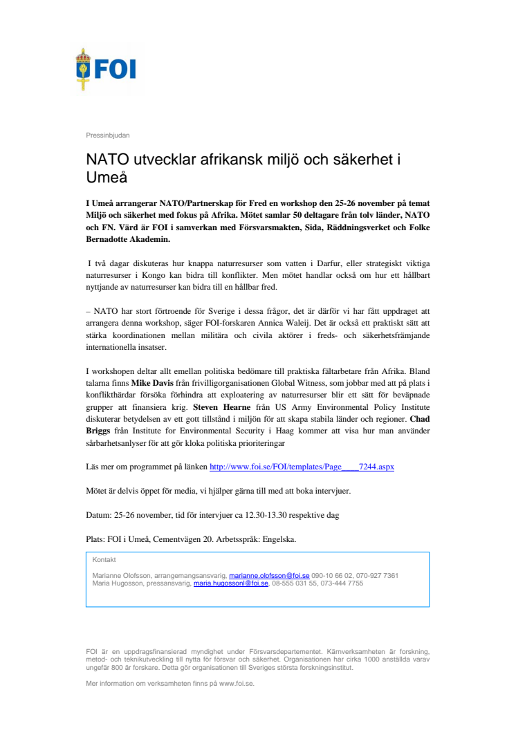 Pressinbjudan: NATO utvecklar afrikansk miljö och säkerhet i Umeå 
