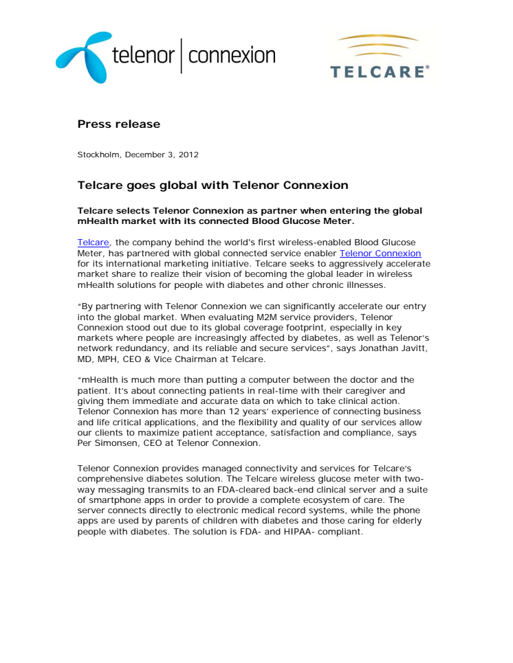 Telcare goes global with Telenor Connexion