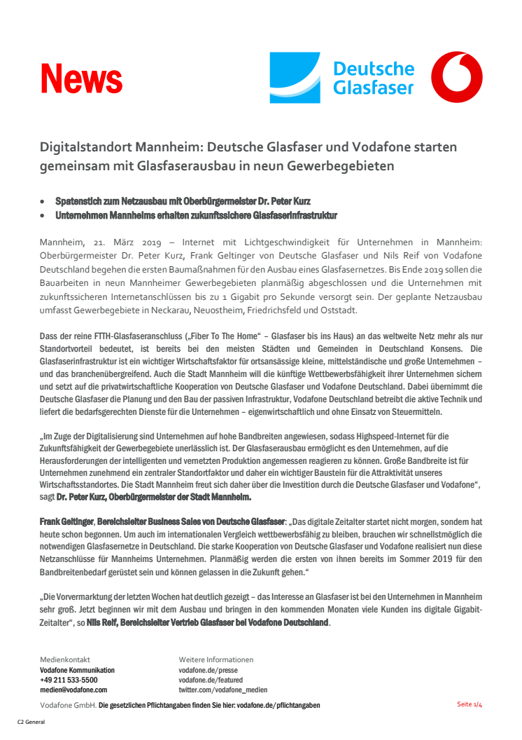 Digitalstandort Mannheim: Deutsche Glasfaser und Vodafone starten gemeinsam mit Glasfaserausbau in neun Gewerbegebieten
