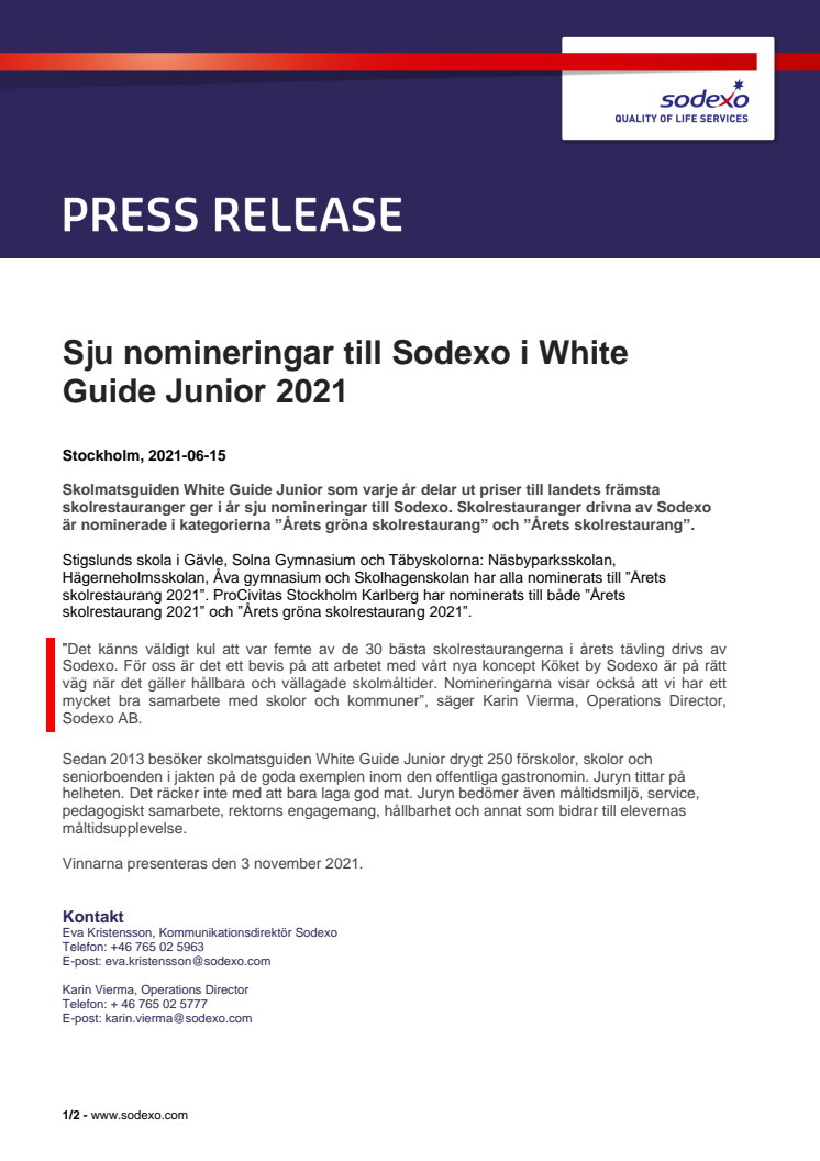 Sju nomineringar till Sodexo i White Guide Junior 2021