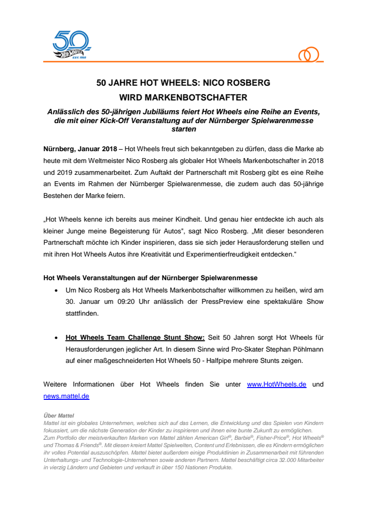 50 JAHRE HOT WHEELS: NICO ROSBERG WIRD MARKENBOTSCHAFTER