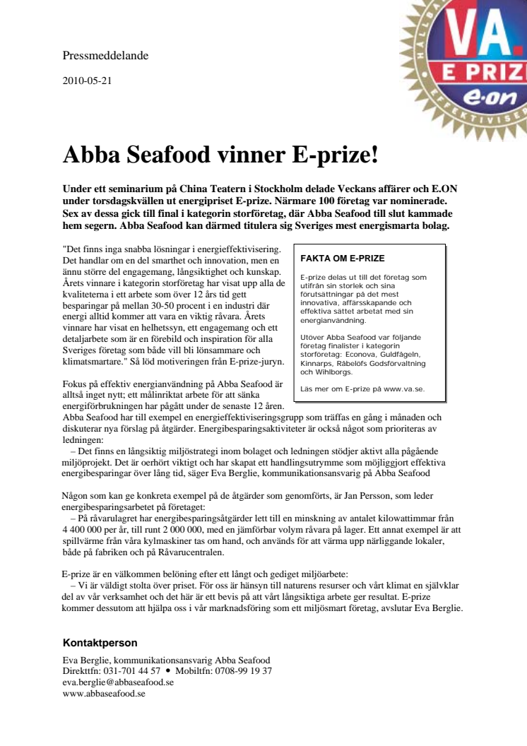 Abba Seafood vinner E-prize!
