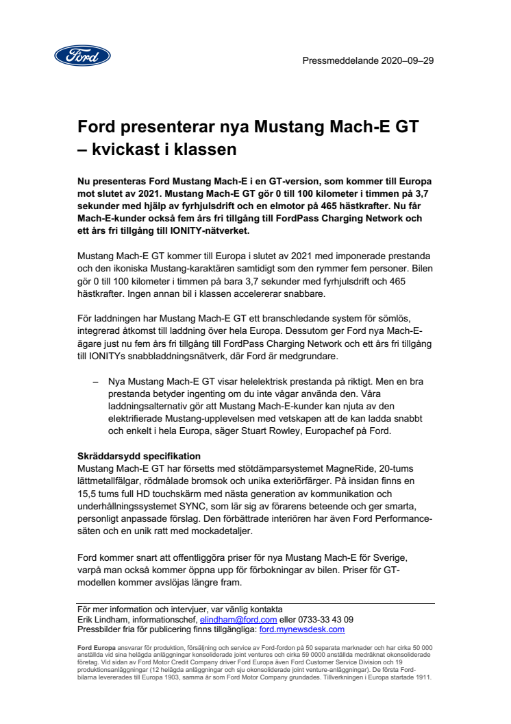 Ford presenterar nya Mustang Mach-E GT – kvickast i klassen