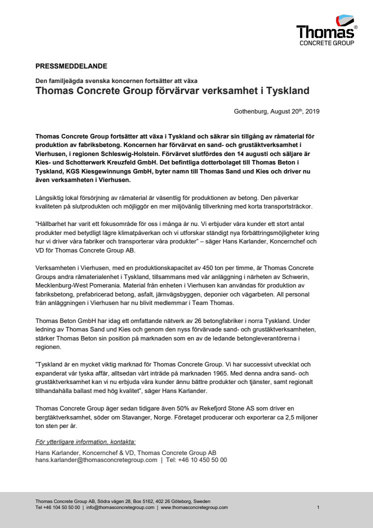 Thomas Concrete Group förvärvar verksamhet i Tyskland