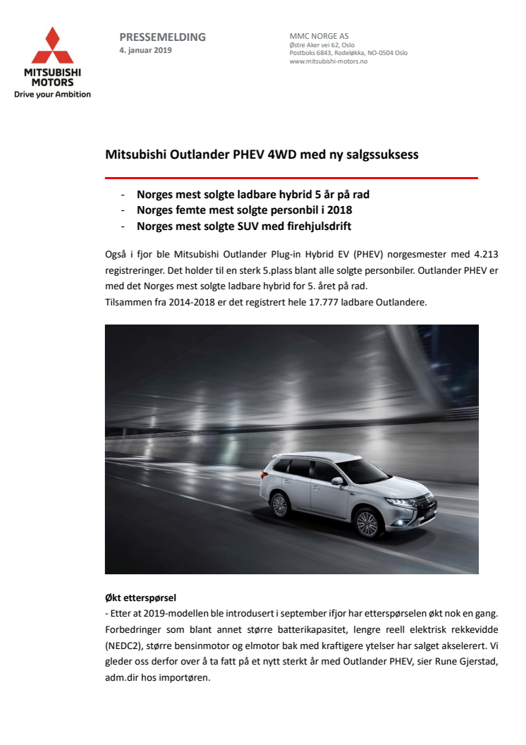 Mitsubishi Outlander PHEV 4WD med ny salgssuksess