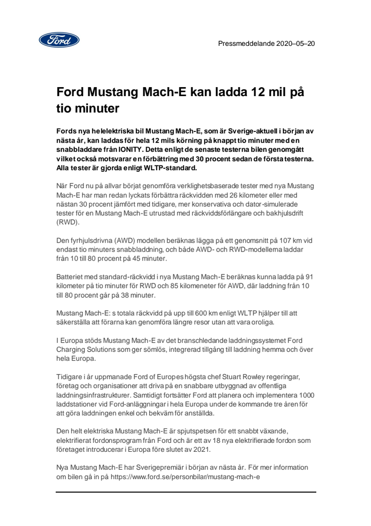 Ford Mustang Mach-E kan ladda 12 mil på tio minuter