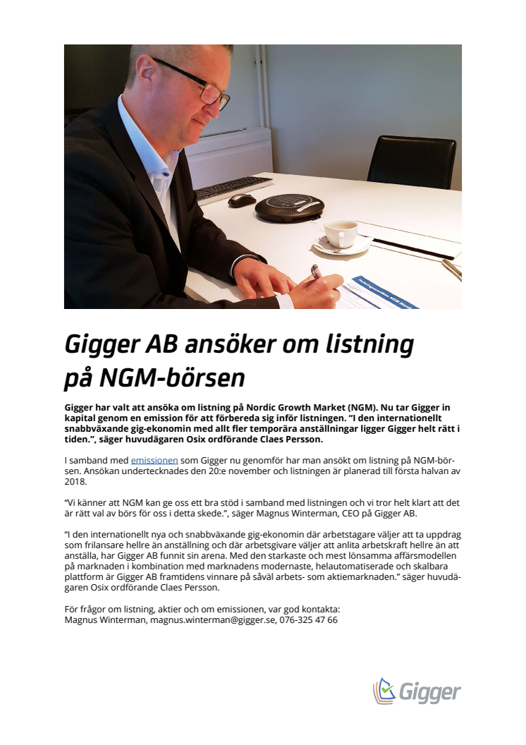 Gigger AB ansöker om listning på NGM-börsen 
